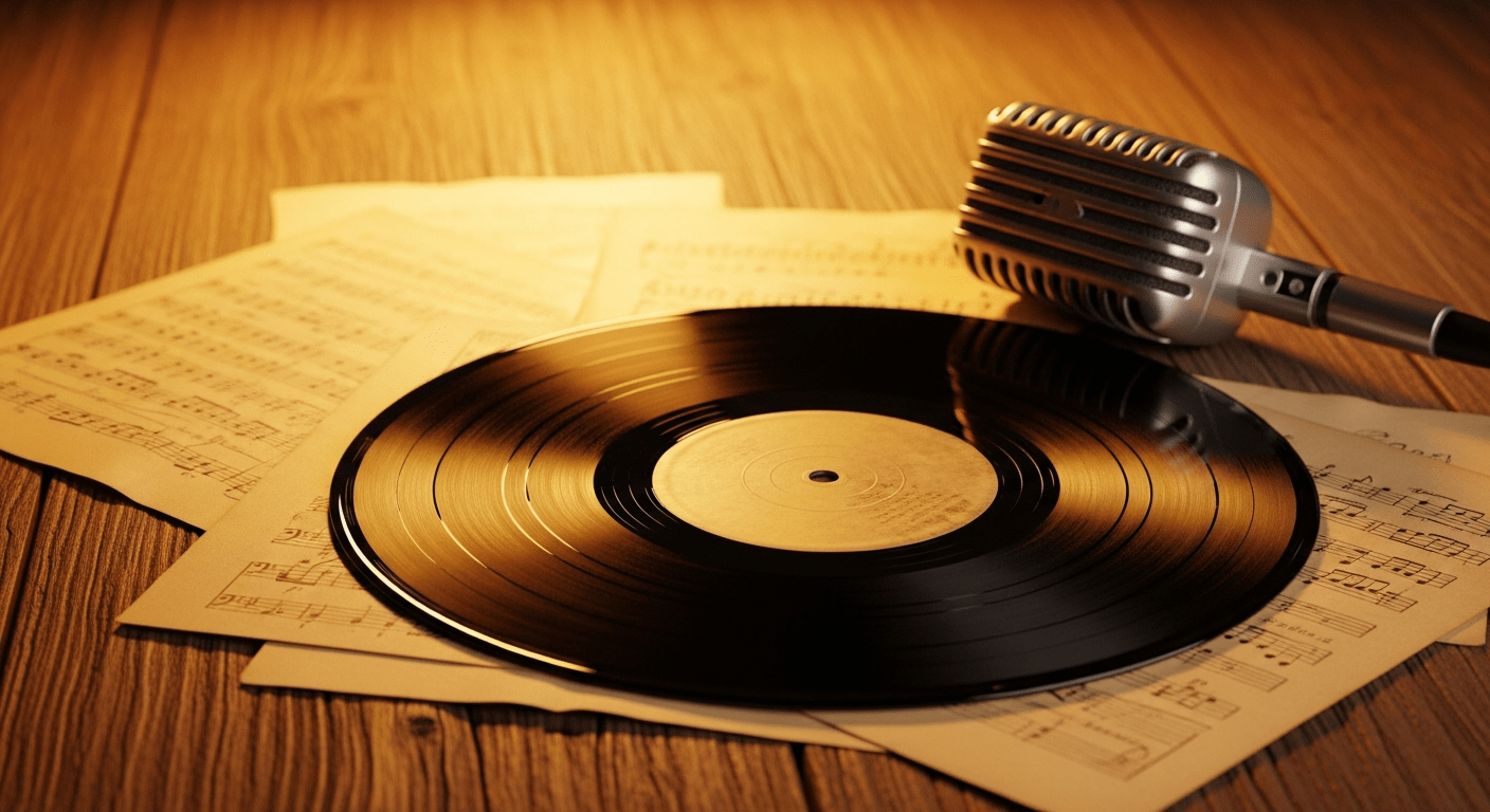 Charles Aznavour : disque vinyle vintage et partition manuscrite évoquant l'âge d'or de la chanson française