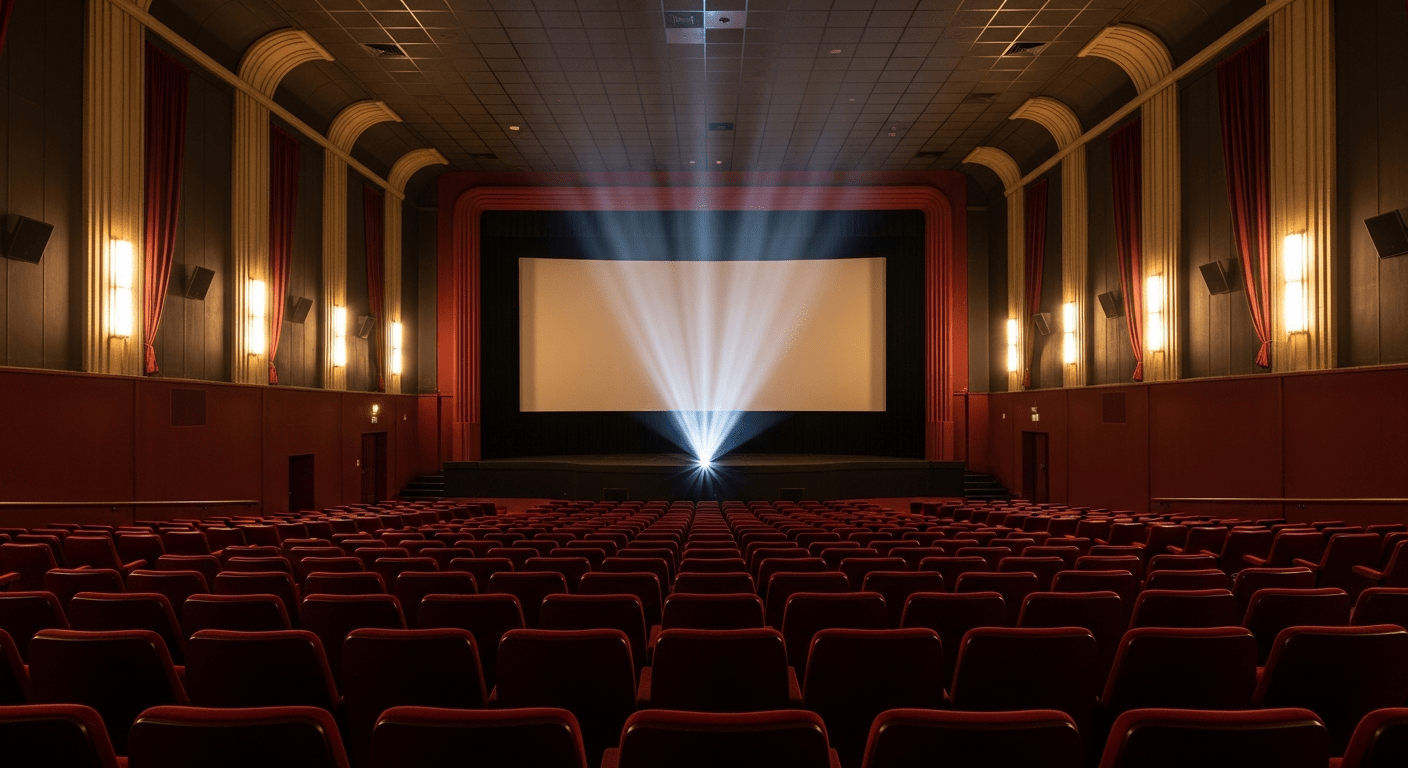 Cinéma québécois : salle de projection vintage avec sièges en velours rouge et faisceau de lumière du projecteur