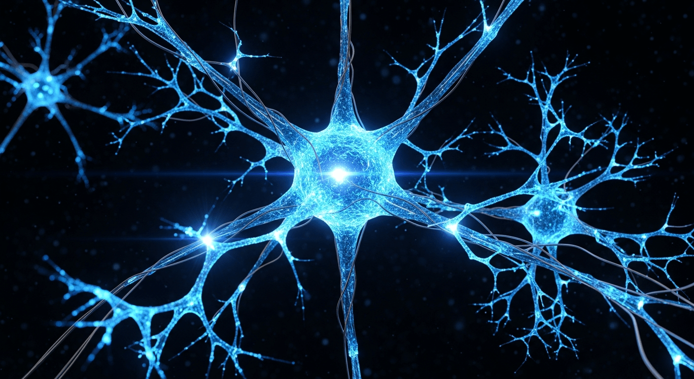 conscience IA : réseau neuronal lumineux bleu symbolisant la frontière entre intelligence artificielle et pensée humaine