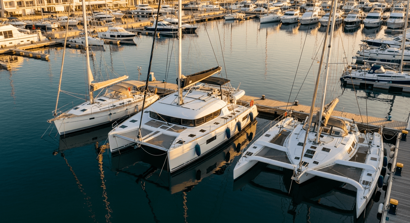 différence monocoque catamaran trimaran : trois types de voiliers vus du dessus dans un port méditerranéen