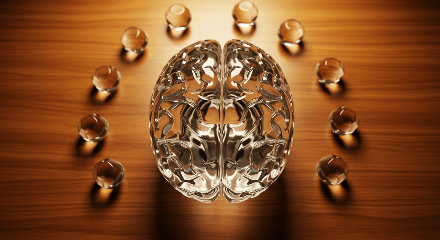 Effet placebo : modèle anatomique du cerveau en verre symbolisant le lien entre psychosomatique et guérison
