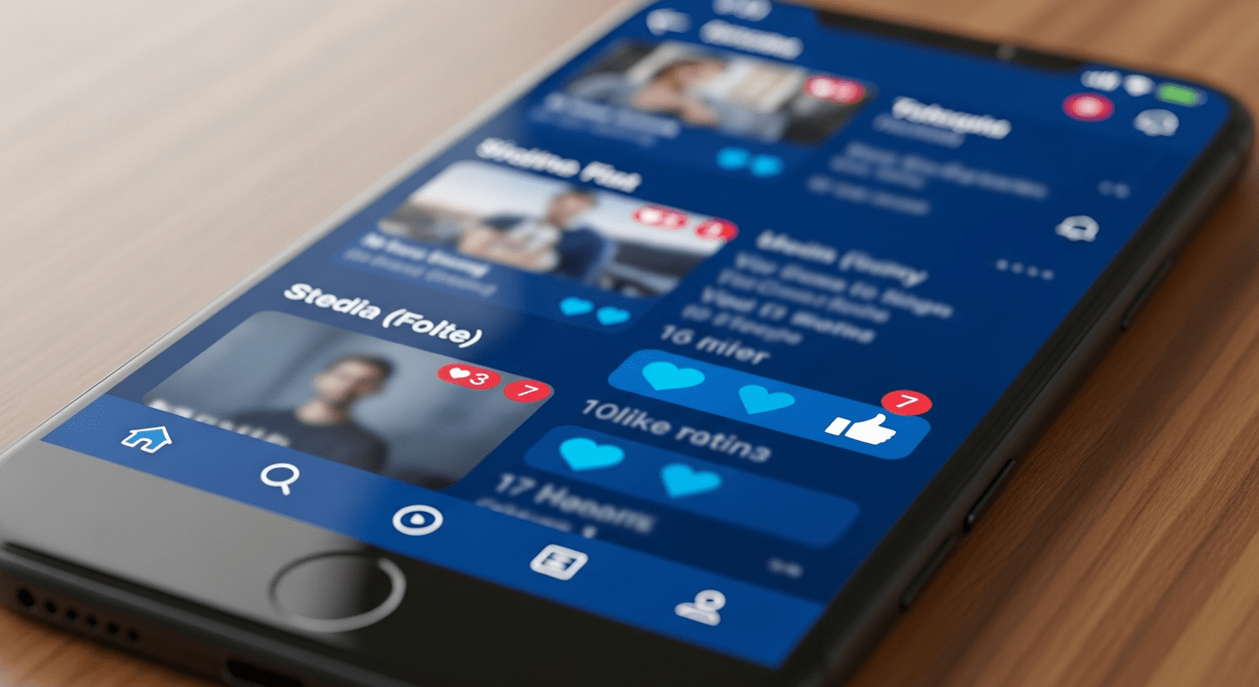 Facebook : écran de smartphone affichant un fil d'actualité avec notifications et icônes de réaction