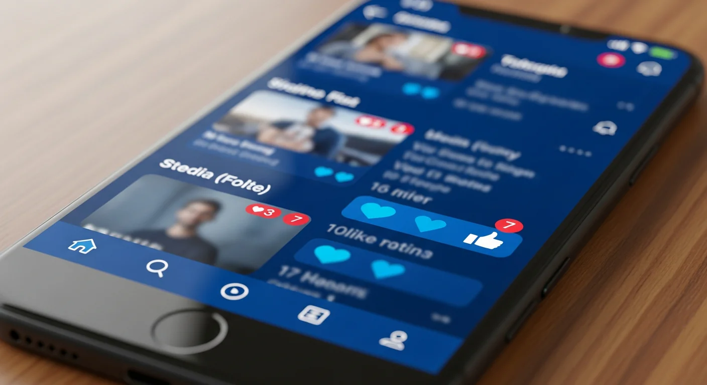 Facebook : écran de smartphone affichant un fil d'actualité avec notifications et icônes de réaction