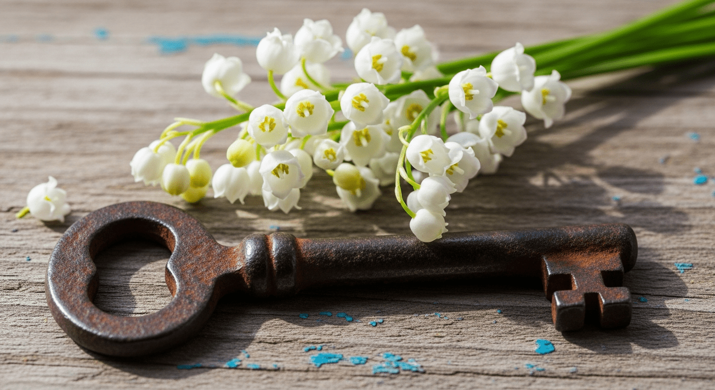 Fête du Travail : brins de muguet blanc traditionnels posés sur une table en bois ancien, symboles du 1er mai