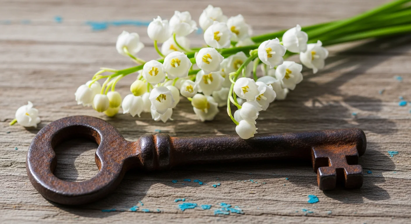 Fête du Travail : brins de muguet blanc traditionnels posés sur une table en bois ancien, symboles du 1er mai