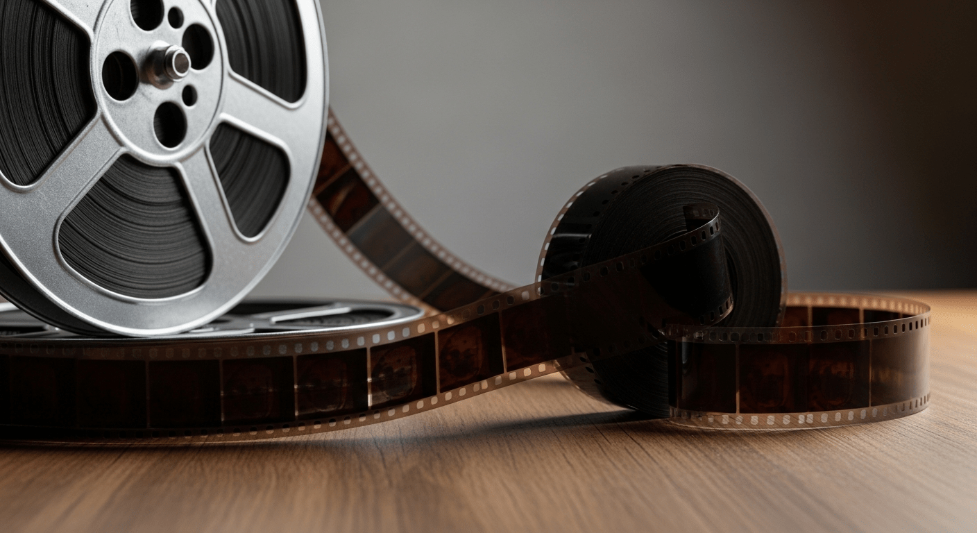 Films québécois sur pellicule 16mm : bobine de cinéma vintage sur table en bois avec bande celluloïd déroulée