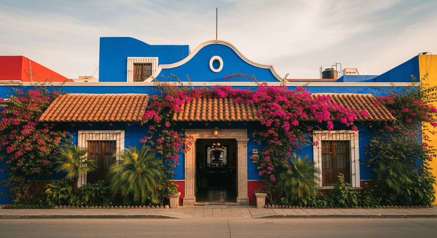 Frida Kahlo histoire : façade bleue emblématique de la Casa Azul à Coyoacán entourée de végétation tropicale