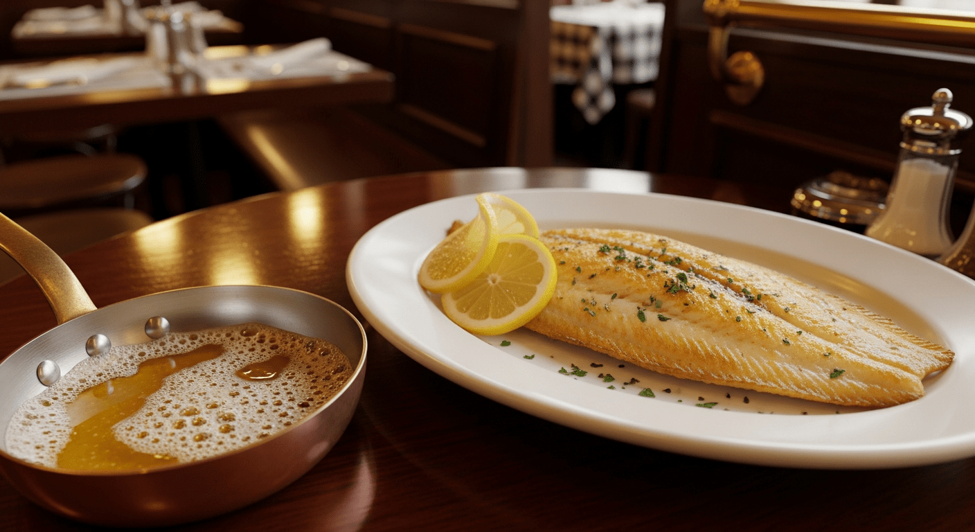 sole poisson : sole meunière dorée dans un plat blanc, beurre noisette et citron, gastronomie française classique (111 caractères)