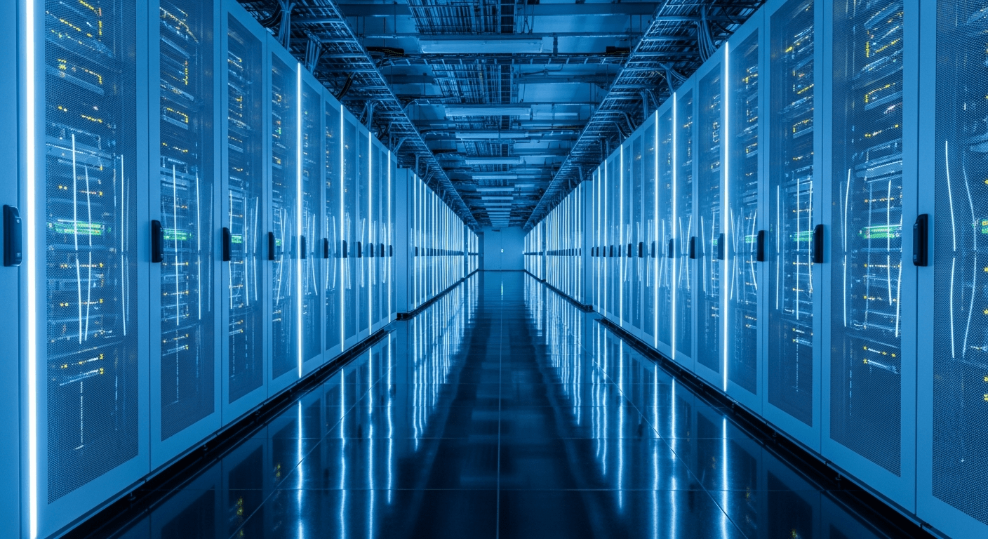histoire Google illustrée par des rangées de serveurs lumineux dans un grand centre de données moderne
