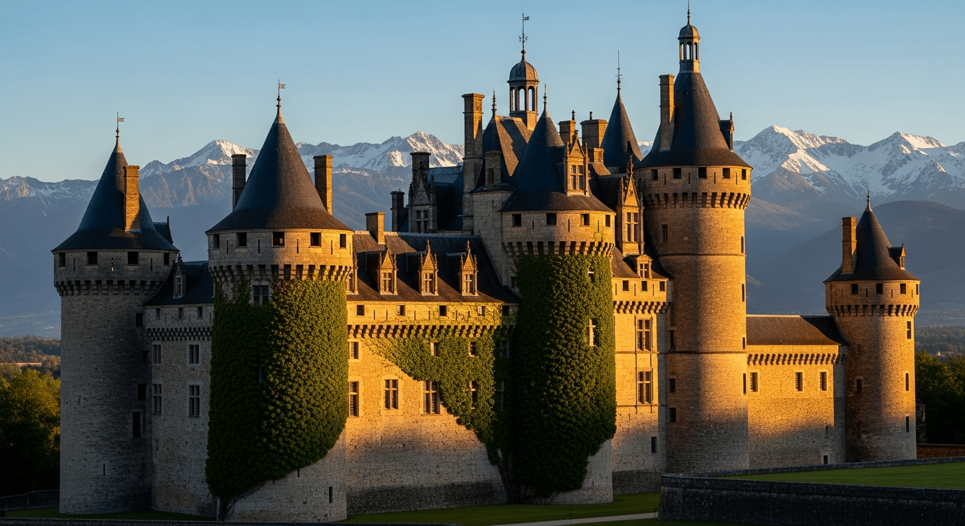 Henri IV (roi de France) : vue du château de Pau, lieu de naissance du roi en 1553, avec les Pyrénées en arrière-plan