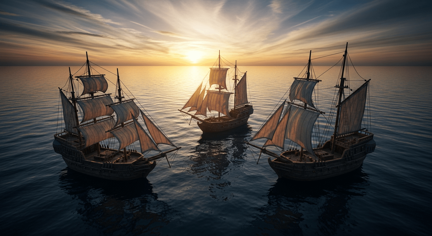 Christophe Colomb : histoire des trois caravelles Niña Pinta et Santa María sur l'océan Atlantique
