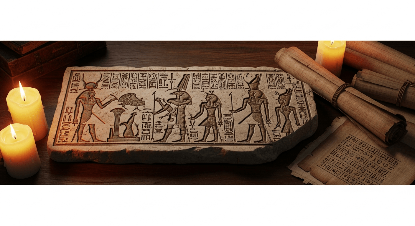 Cléopâtre VII : papyrus anciens et hiéroglyphes gravés dans la pierre représentant l'Égypte antique