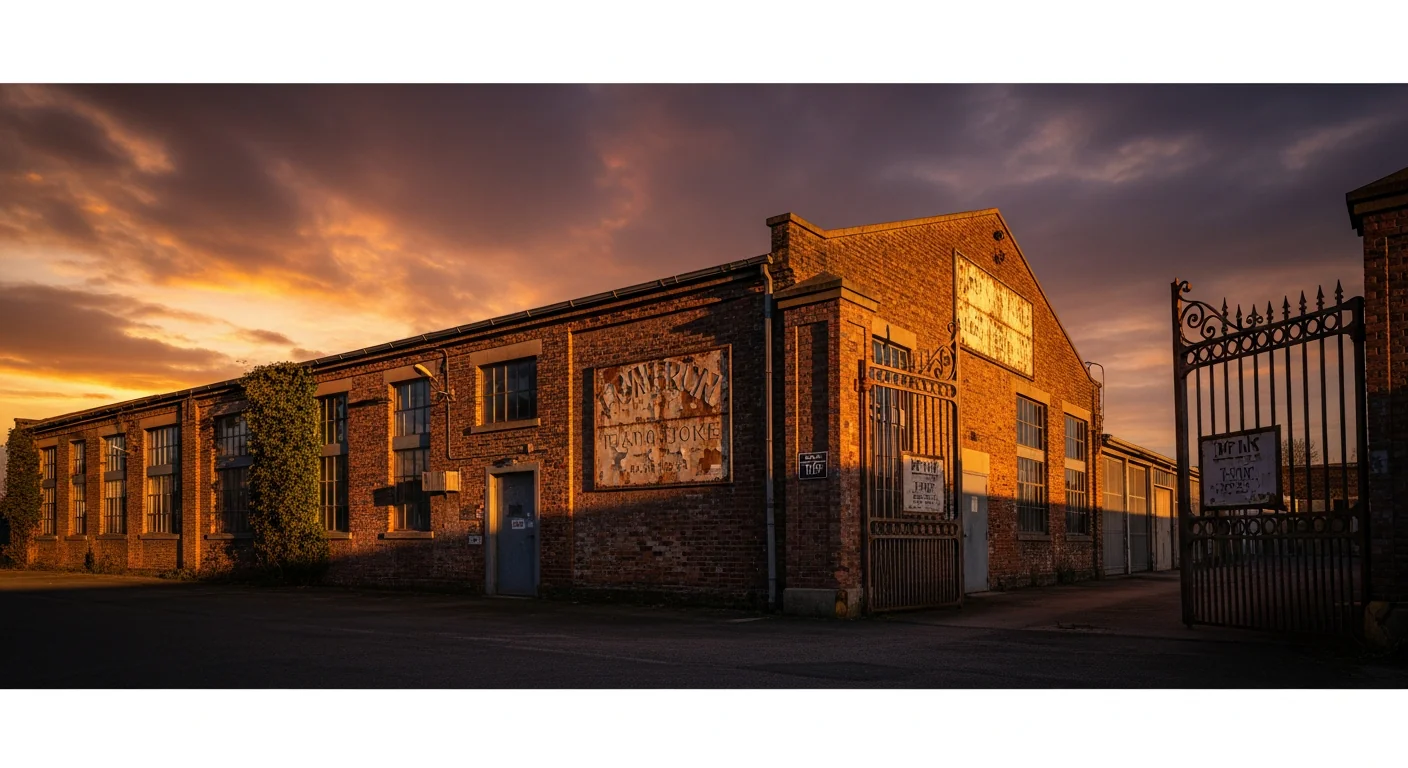 Histoire fête du Travail : façade d'une ancienne usine industrielle du XIXe siècle au coucher de soleil