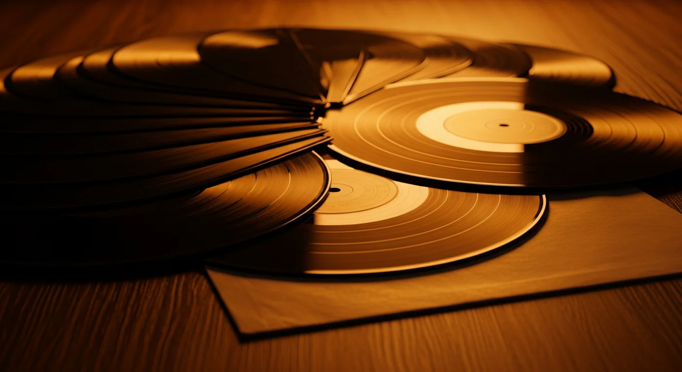 histoire Serge Gainsbourg illustrée par une collection de vinyles rares posés sur une surface en bois sombre