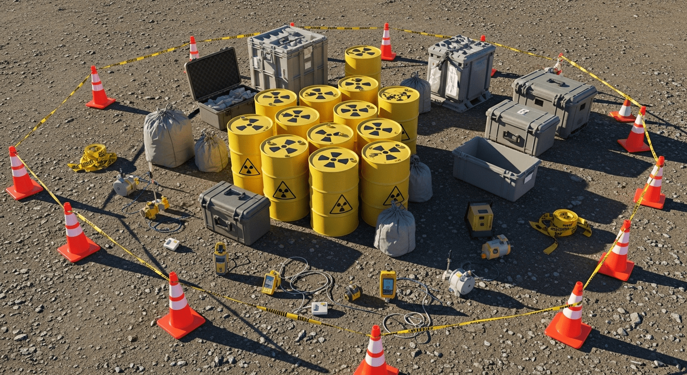 histoire accident nucléaire de Goiânia : fûts de déchets radioactifs et équipements de décontamination sur un site sécurisé