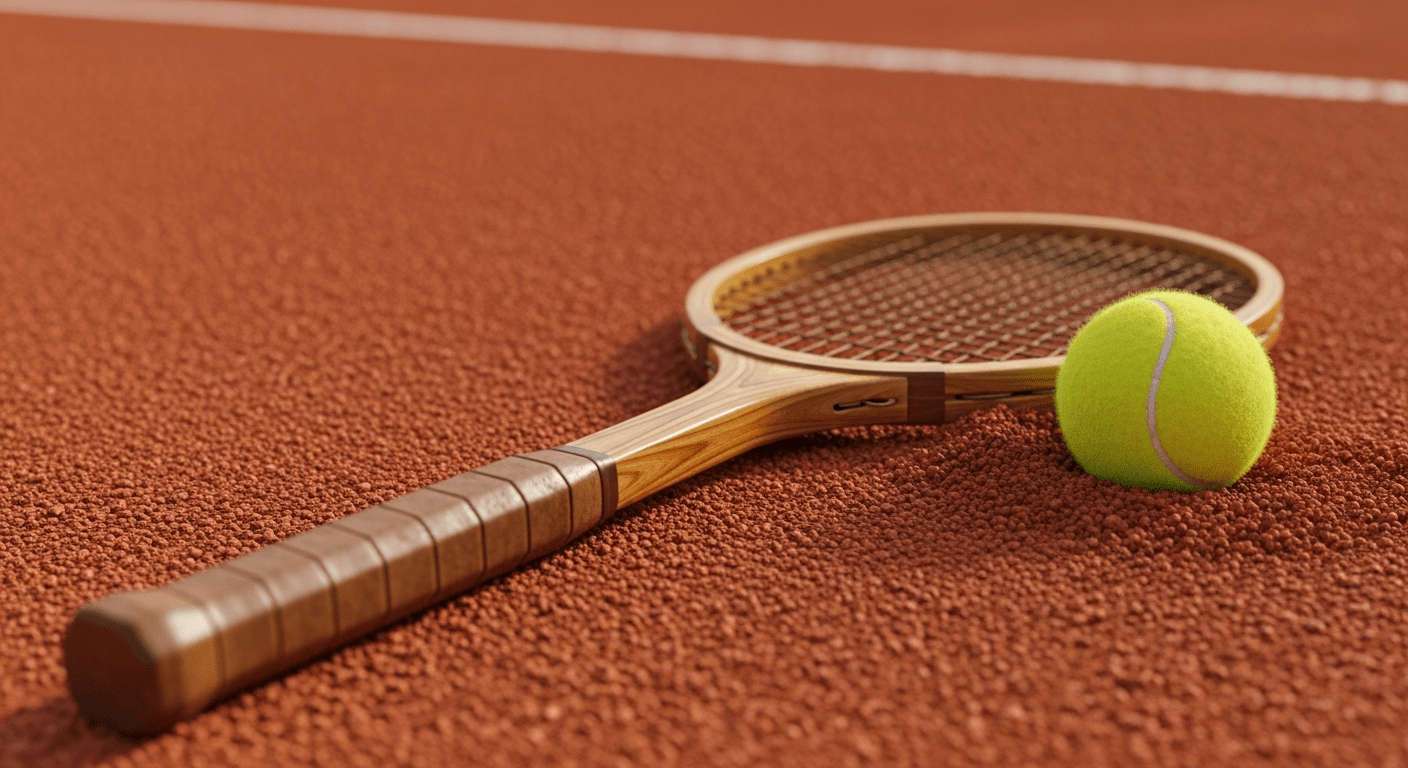 Histoire Internationaux de France de tennis : texture de terre battue rouge avec balle jaune, surface emblématique de Roland-Garros