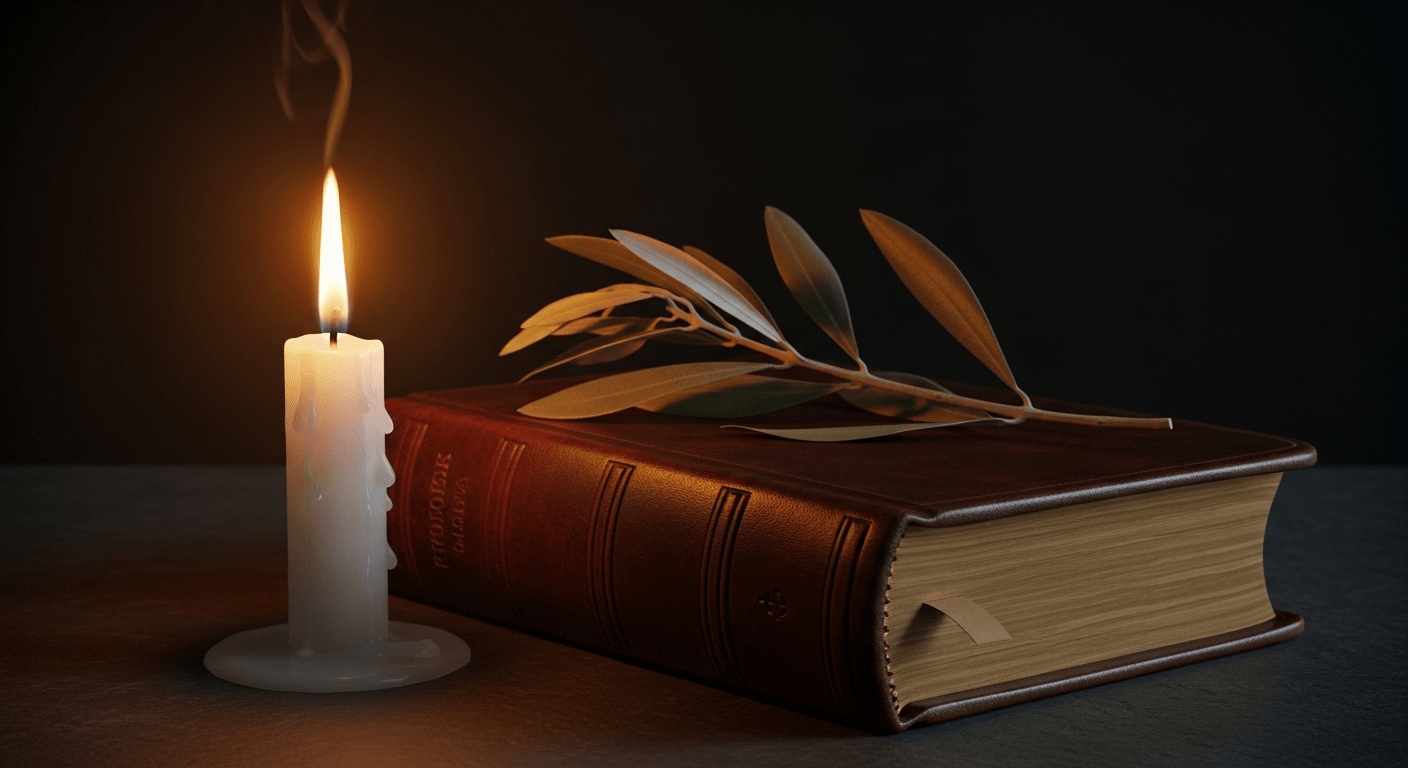 histoire vendredi saint : bougie allumée, Bible ancienne et rameau d'olivier sur pierre sombre, ambiance liturgique