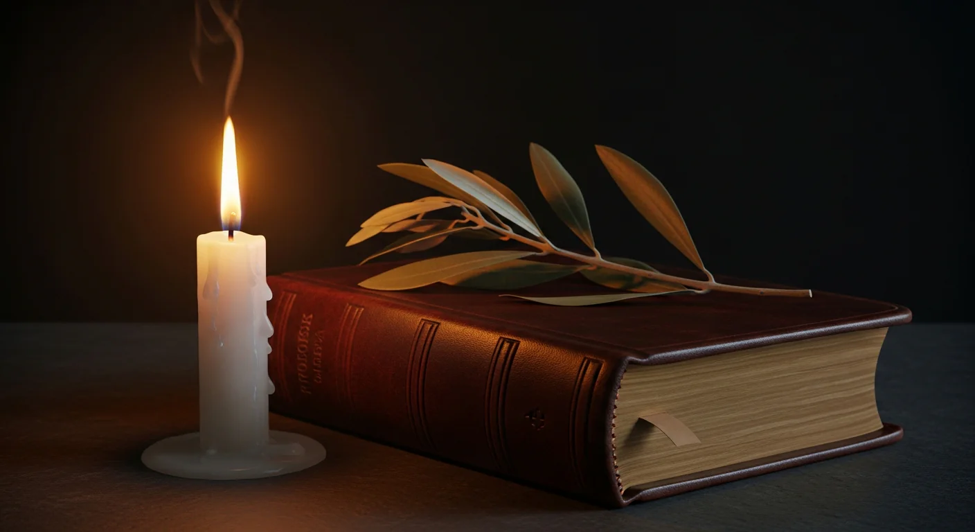 histoire vendredi saint : bougie allumée, Bible ancienne et rameau d'olivier sur pierre sombre, ambiance liturgique