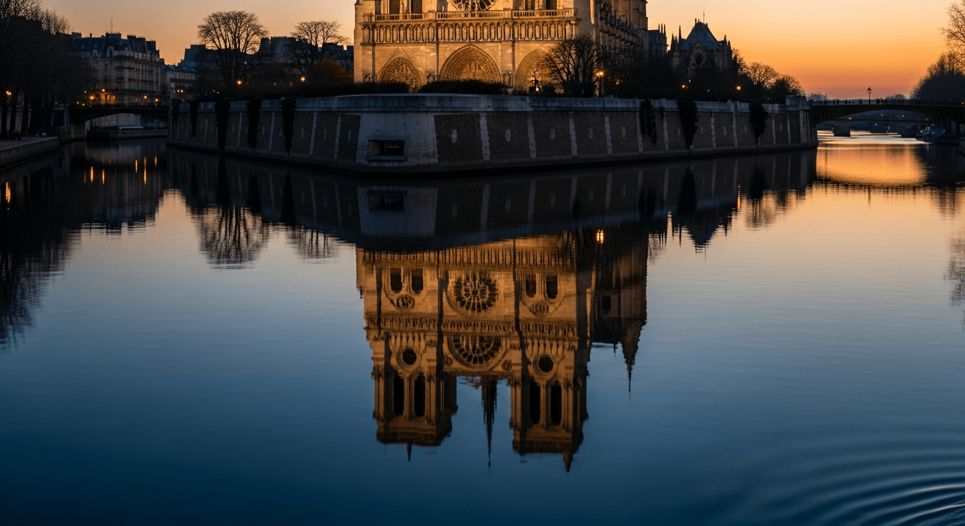 histoire Victor Hugo : façade gothique de Notre-Dame de Paris au crépuscule, reflet dans la Seine, cadre du roman emblématique