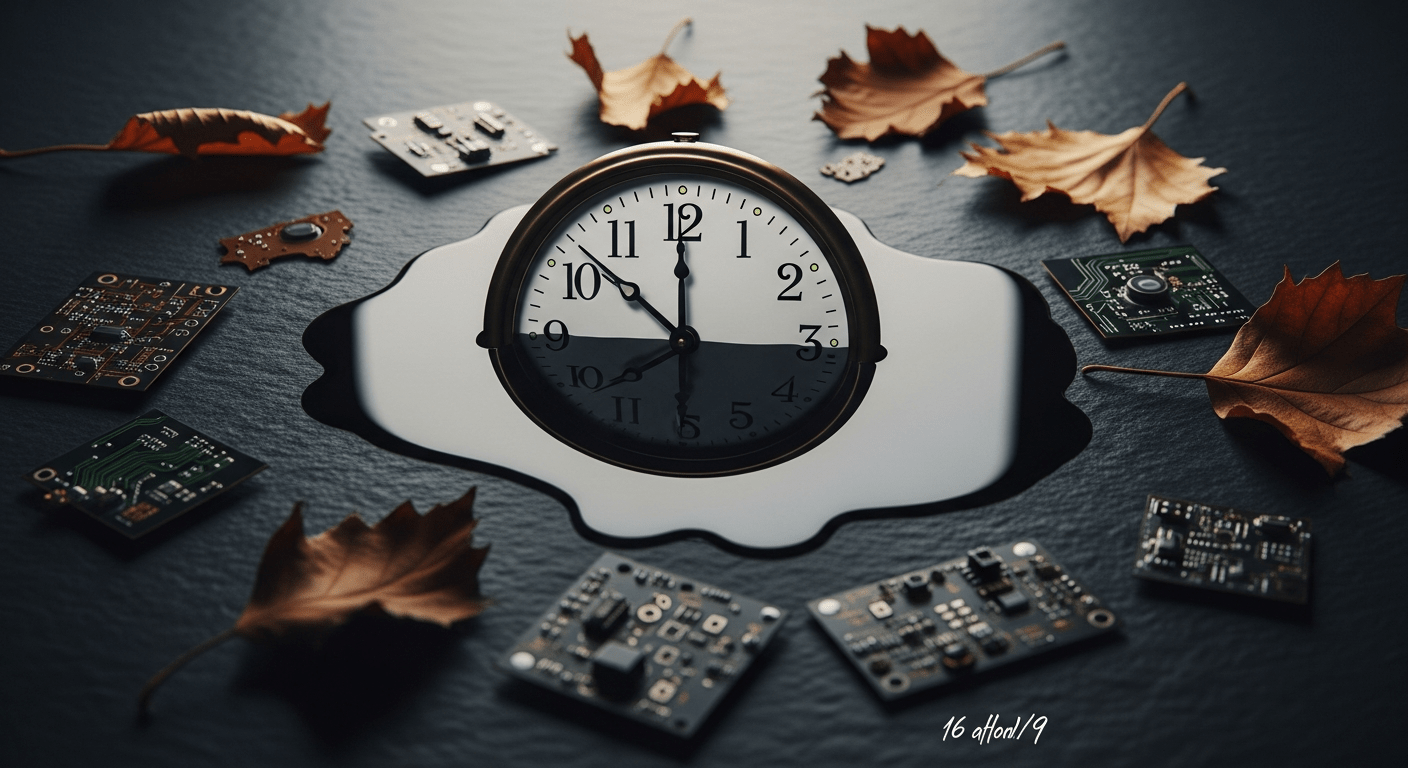 intelligence artificielle et temps : horloge analogique et circuits évoquant la mémoire et la continuité dans la philosophie IA