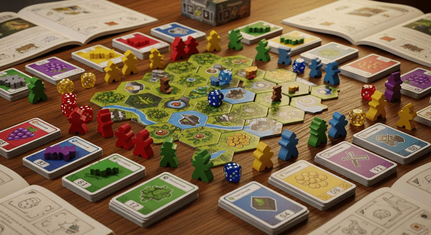 jeux de société Québec : pièces colorées et tuiles hexagonales de jeux modernes sur une table en bois (95 caractères)