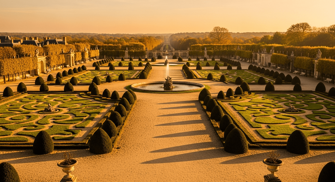 Louis XIV : jardins à la française symétriques évoquant l'histoire et la culture du Grand Siècle (96 caractères)