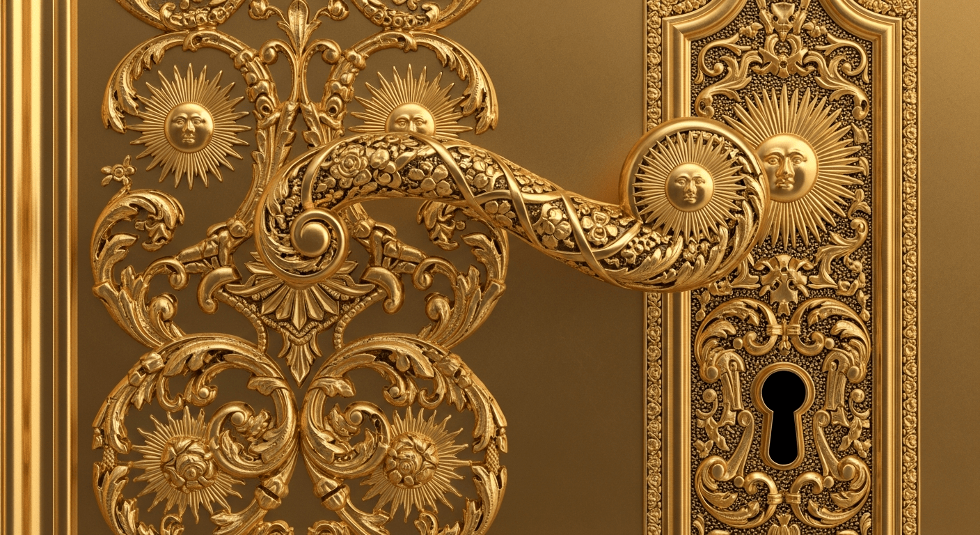 Louis XIV : détail doré d'une porte baroque du château de Versailles aux motifs solaires