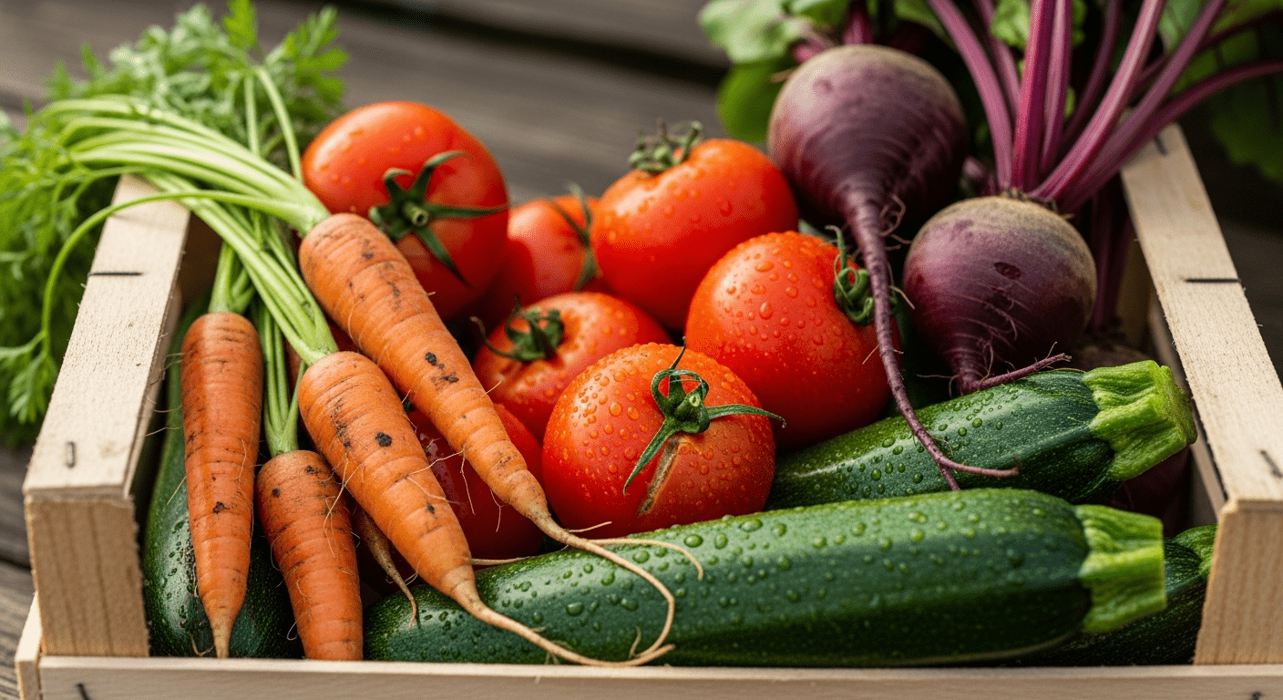 manger local : cagette de bois remplie de légumes frais de saison récoltés ce matin au marché de producteurs