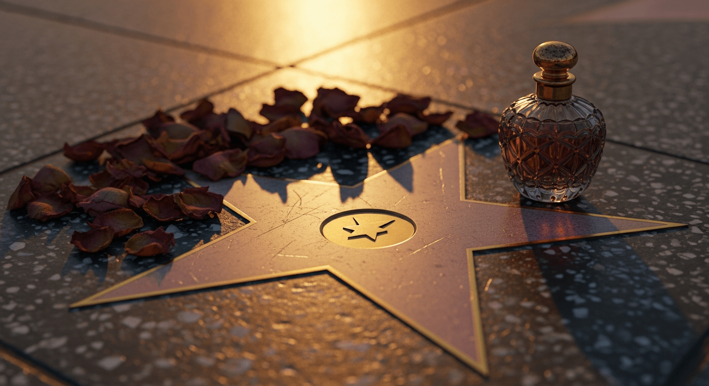 Marilyn Monroe : étoile dorée vintage sur le sol Hollywood entourée de pétales de roses et d'un flacon de parfum rétro