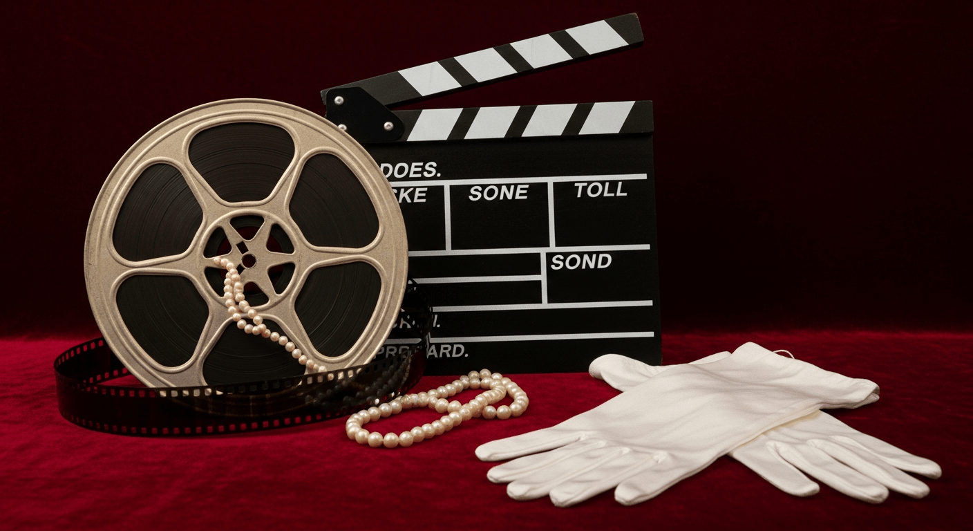 Marilyn Monroe : bobine de film vintage des années 1950, claquette cinéma et gants en satin blanc sur velours rouge, faits sur Marilyn Monroe