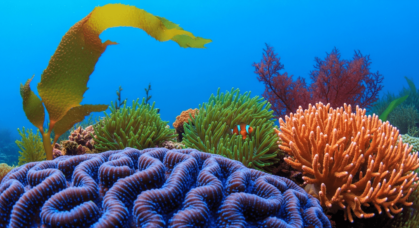 océan réchauffement climatique : biodiversité marine d'un récif corallien aux couleurs vives sous l'eau