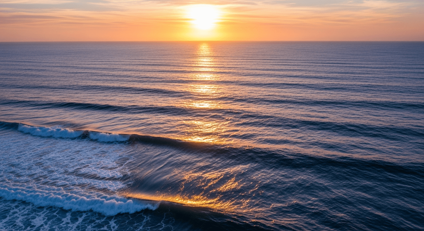 océan réchauffement climatique : vue aérienne de l'immensité de l'océan au lever du soleil, reflets lumineux