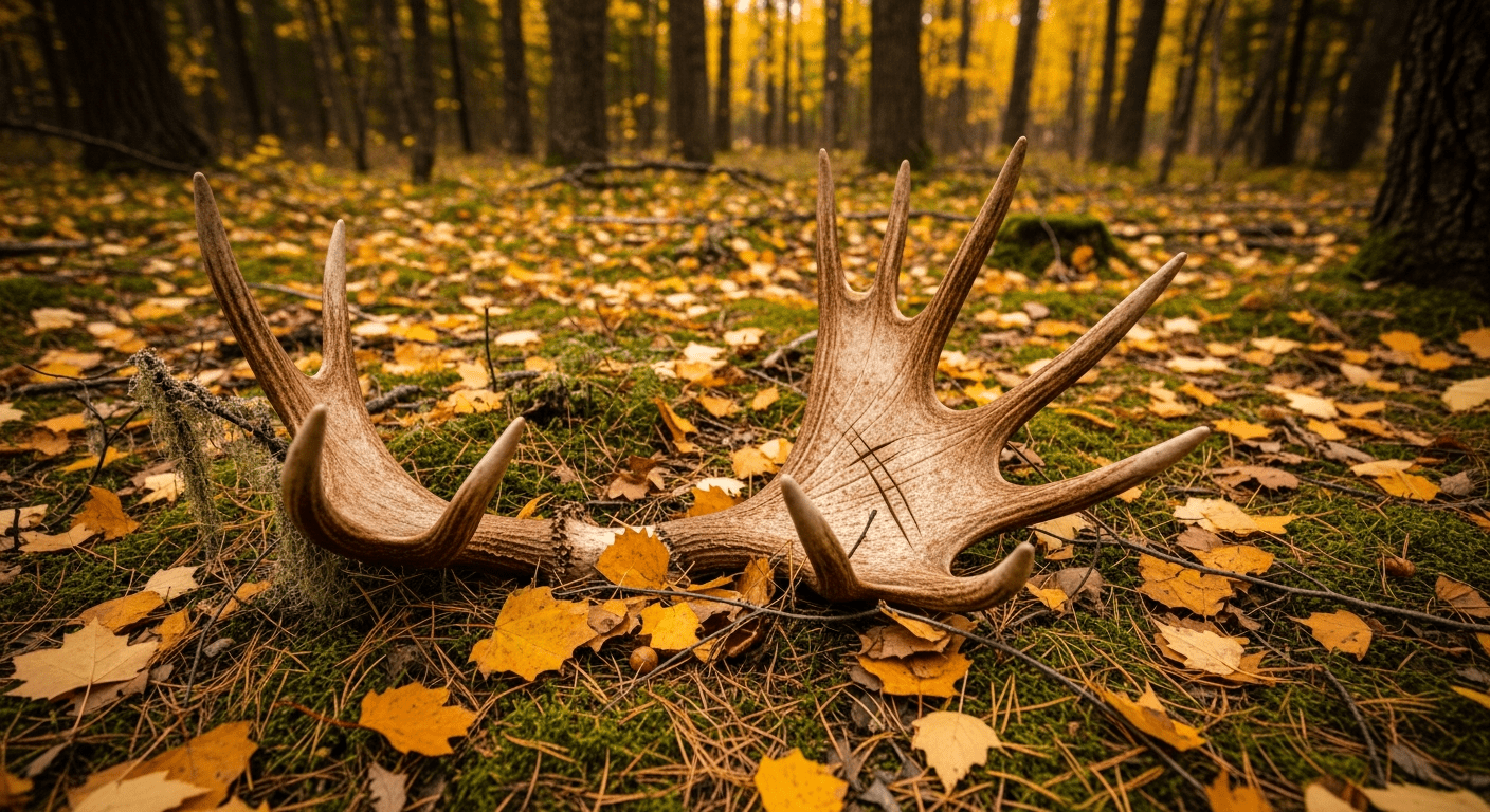 sécurité animaux sauvages Québec : bois d'orignal tombé dans les sous-bois en automne lors d'une randonnée