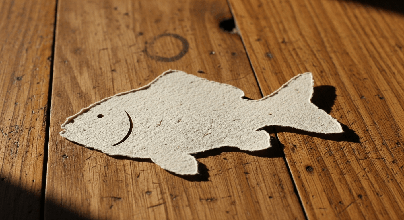 Poisson d'avril : découpe de poisson en papier posée sur un bureau en bois, symbole de la tradition du 1er avril (112 caractères)