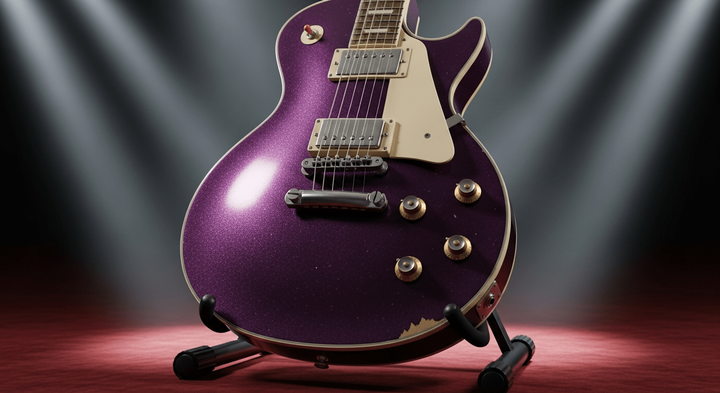 prince (musicien) : guitare électrique violette emblématique sous les feux de la scène, symbole du Minneapolis Sound