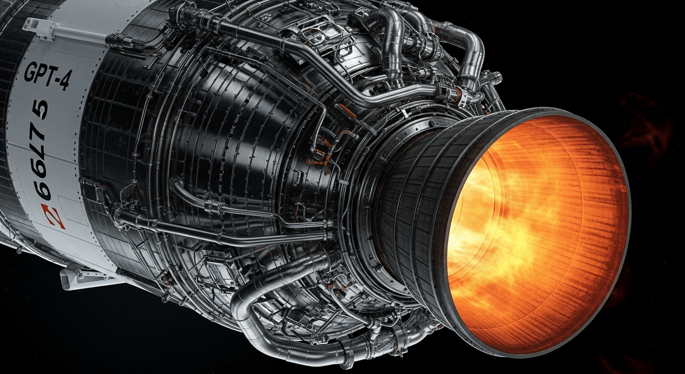 programme apollo : gros plan sur un moteur de fusée Saturn V avec éclairage industriel dramatique