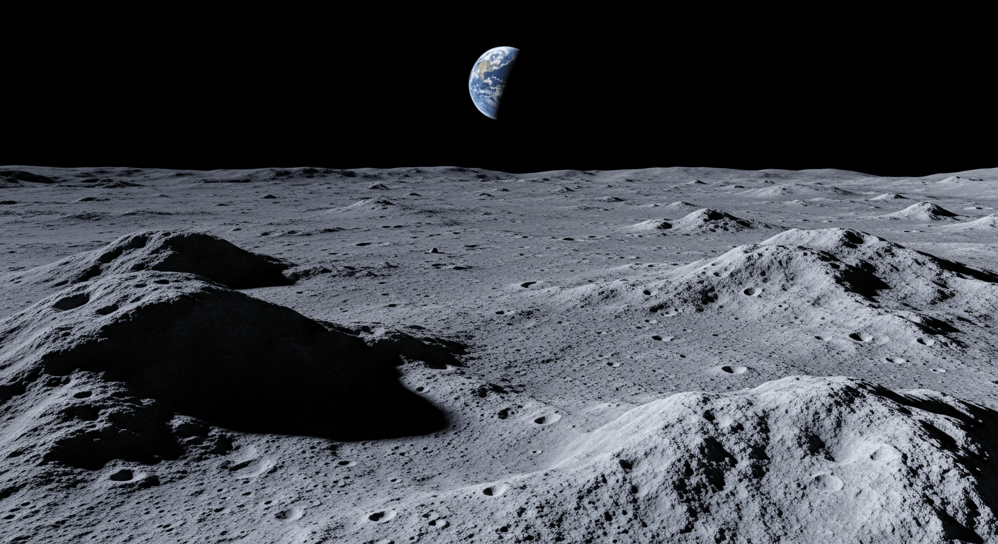 histoire programme apollo : roches lunaires sur la surface grise de la Lune avec la Terre en arrière-plan