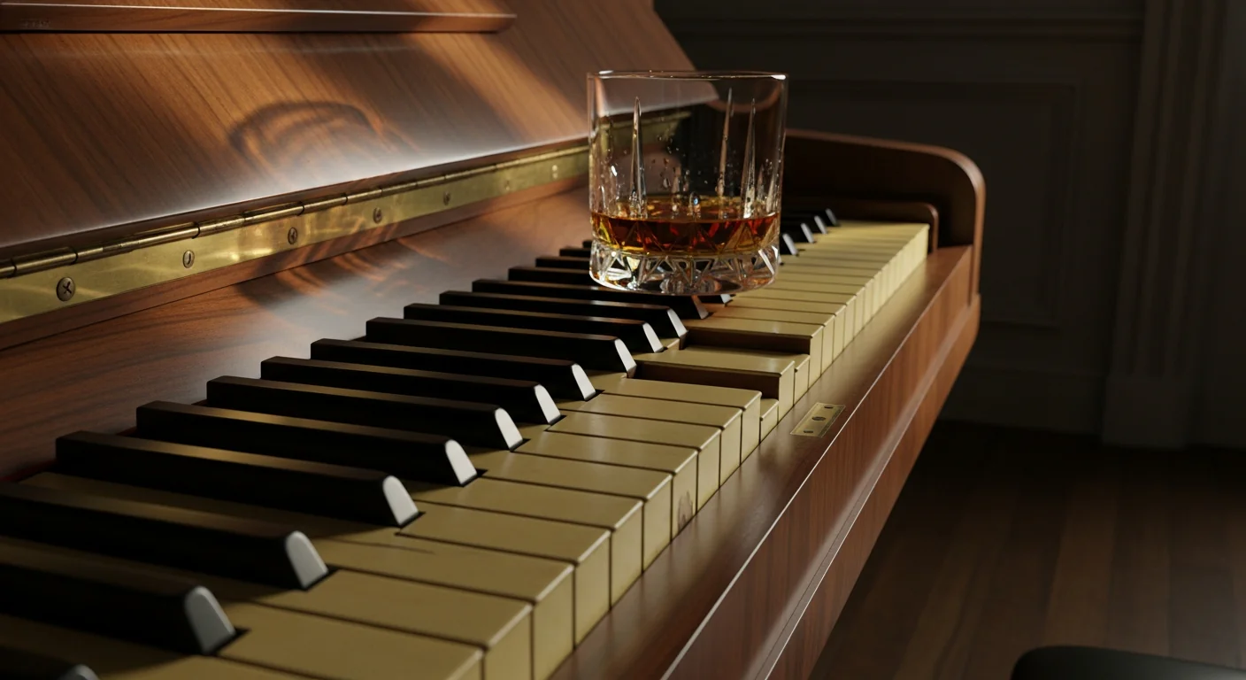 Serge Gainsbourg : piano vintage et verre de whisky évoquant l'univers musical du chanteur parisien