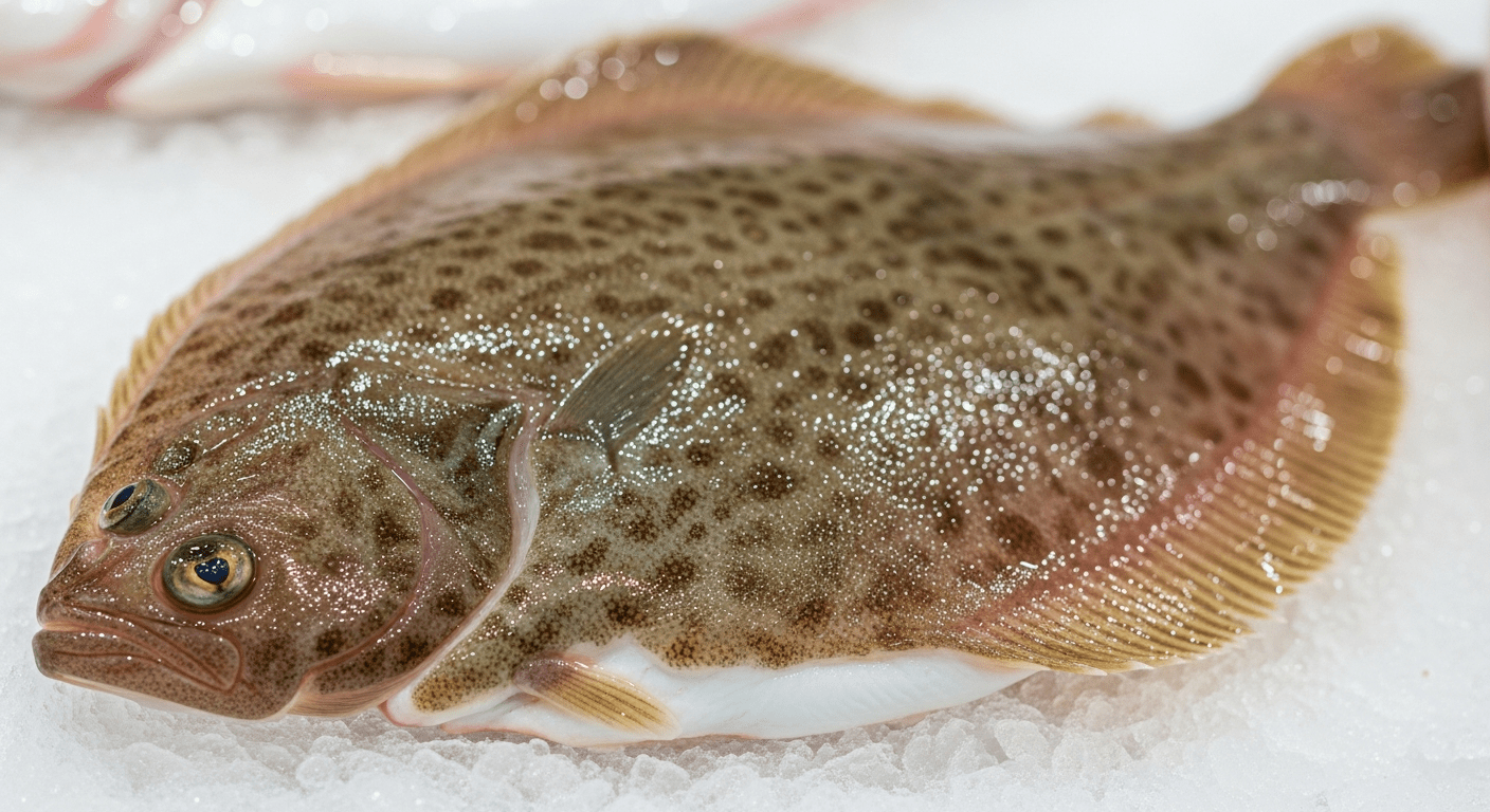 sole poisson : vue rapprochée d'une sole entière fraîche sur glace, côté brun et blanc crème visibles (98 caractères)