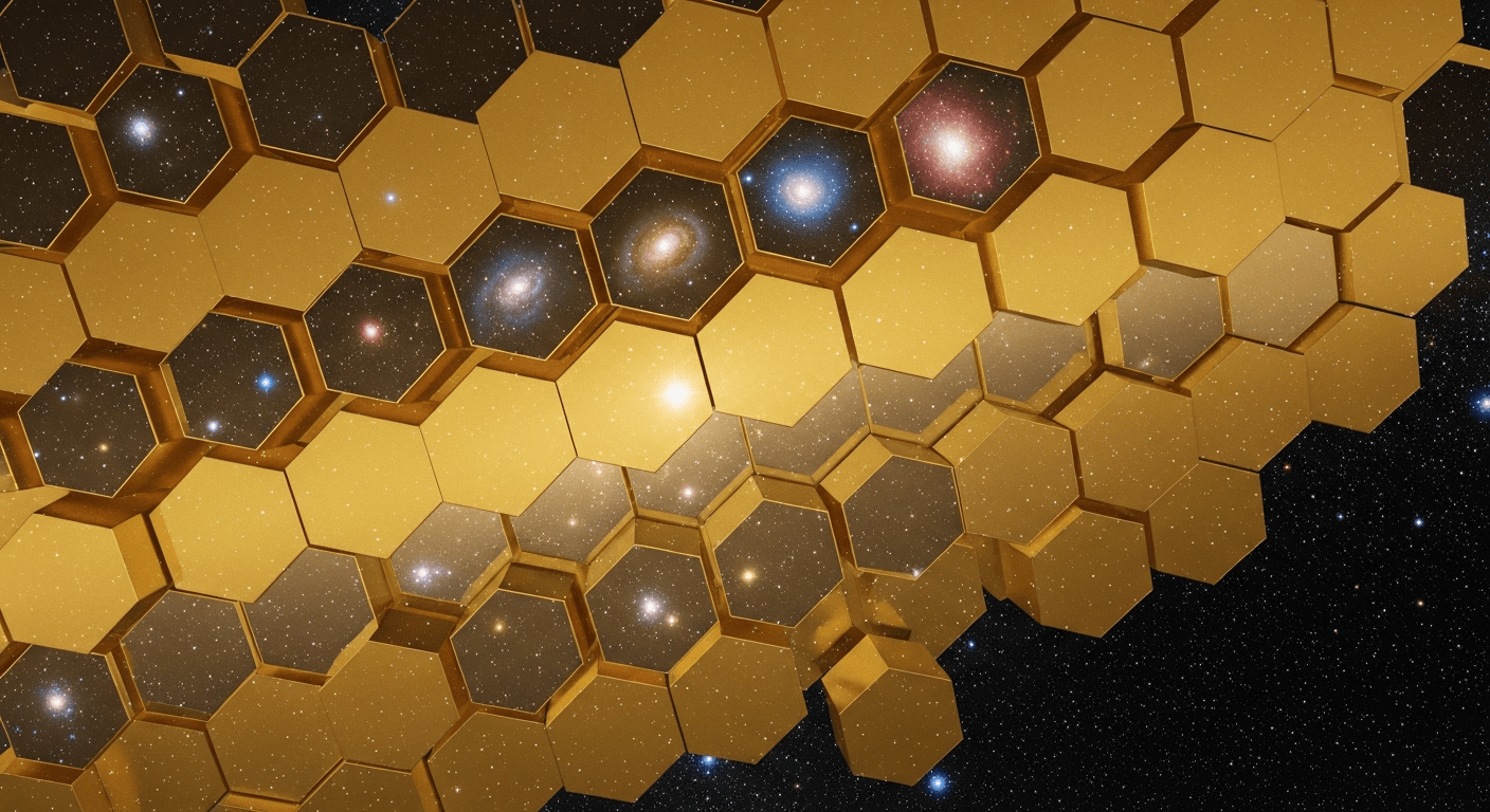 Télescope James Webb : vue rapprochée du miroir doré hexagonal déployé dans l'espace profond