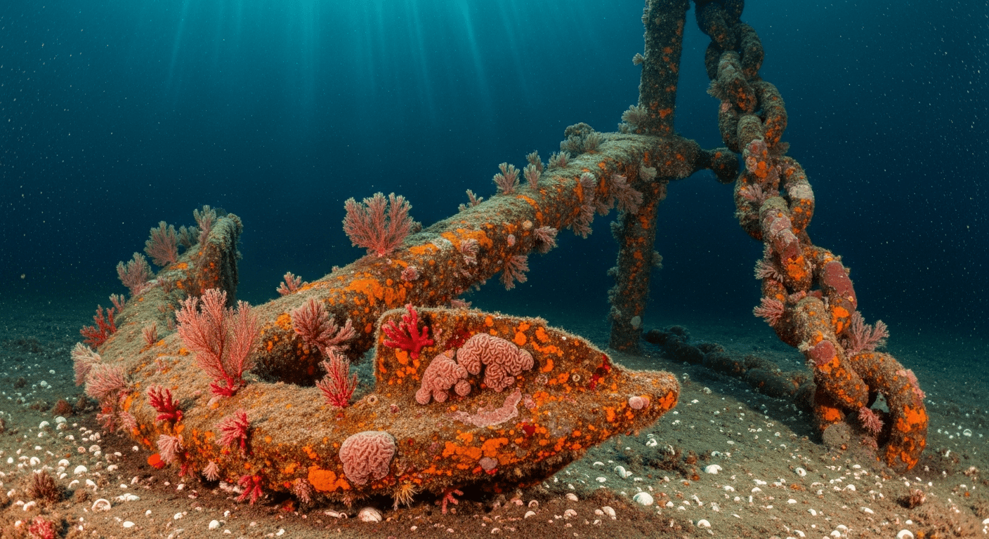 Titanic : ancre rouillée et chaîne reposant sur le fond de l'océan Atlantique à 3 800 mètres de profondeur