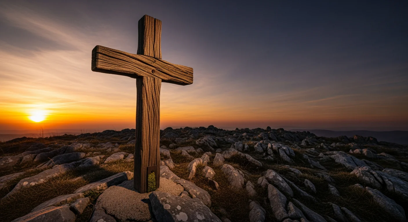 vendredi saint : croix en bois au sommet d'une colline rocheuse au crépuscule, lumière dramatique (98 caractères)