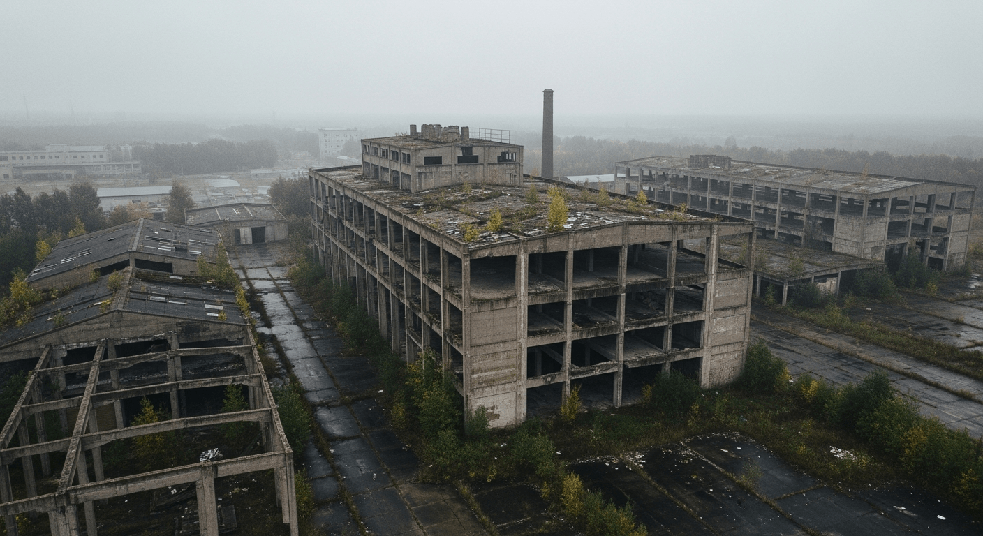 accident nucléaire : vue aérienne d'une zone industrielle abandonnée envahie par la végétation sous un ciel nuageux