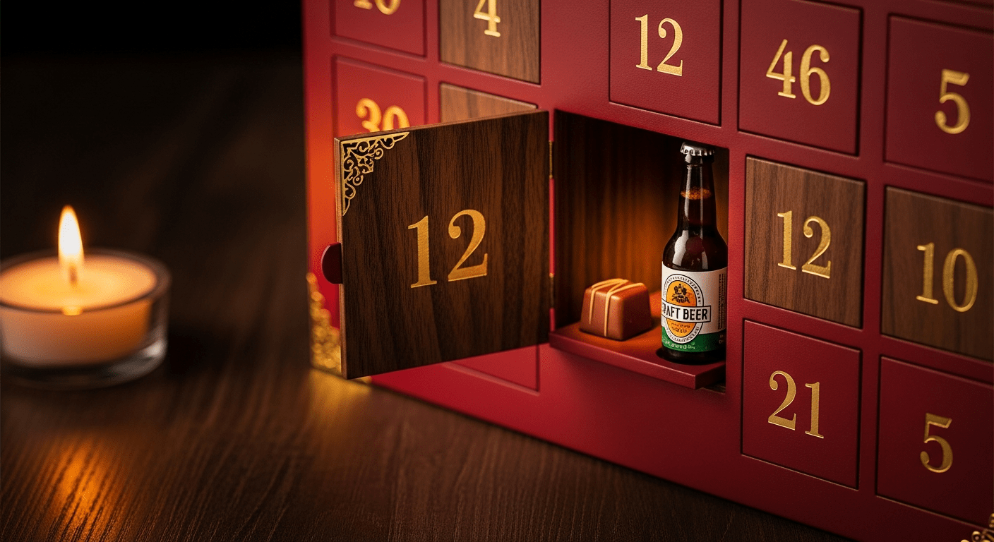Calendrier de l'avent adulte : case ouverte révélant un chocolat artisanal et une mini-bière craft en décembre