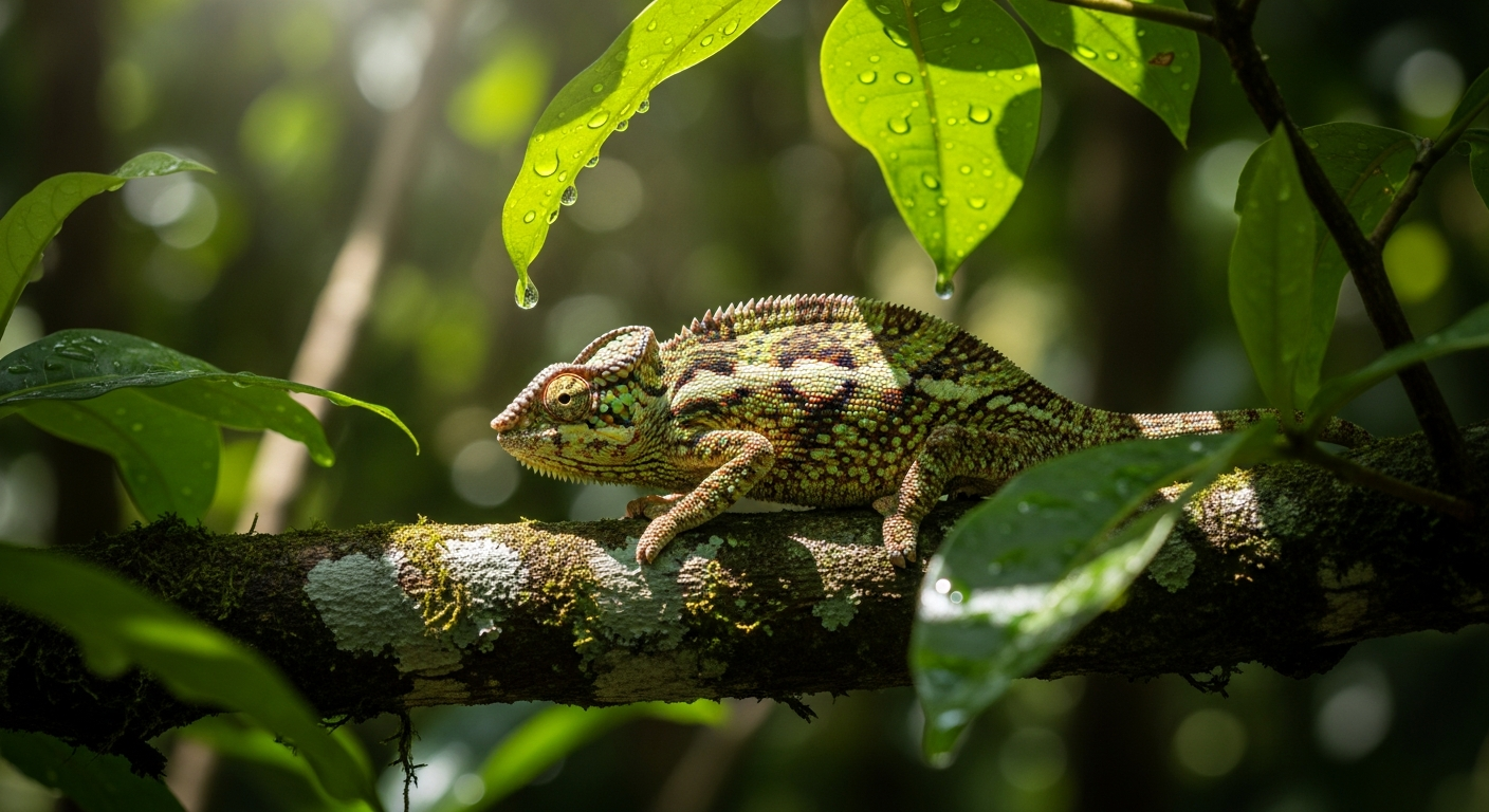 caméléon couleur camouflage sur une branche en forêt tropicale, lumière tamisée entre les feuilles