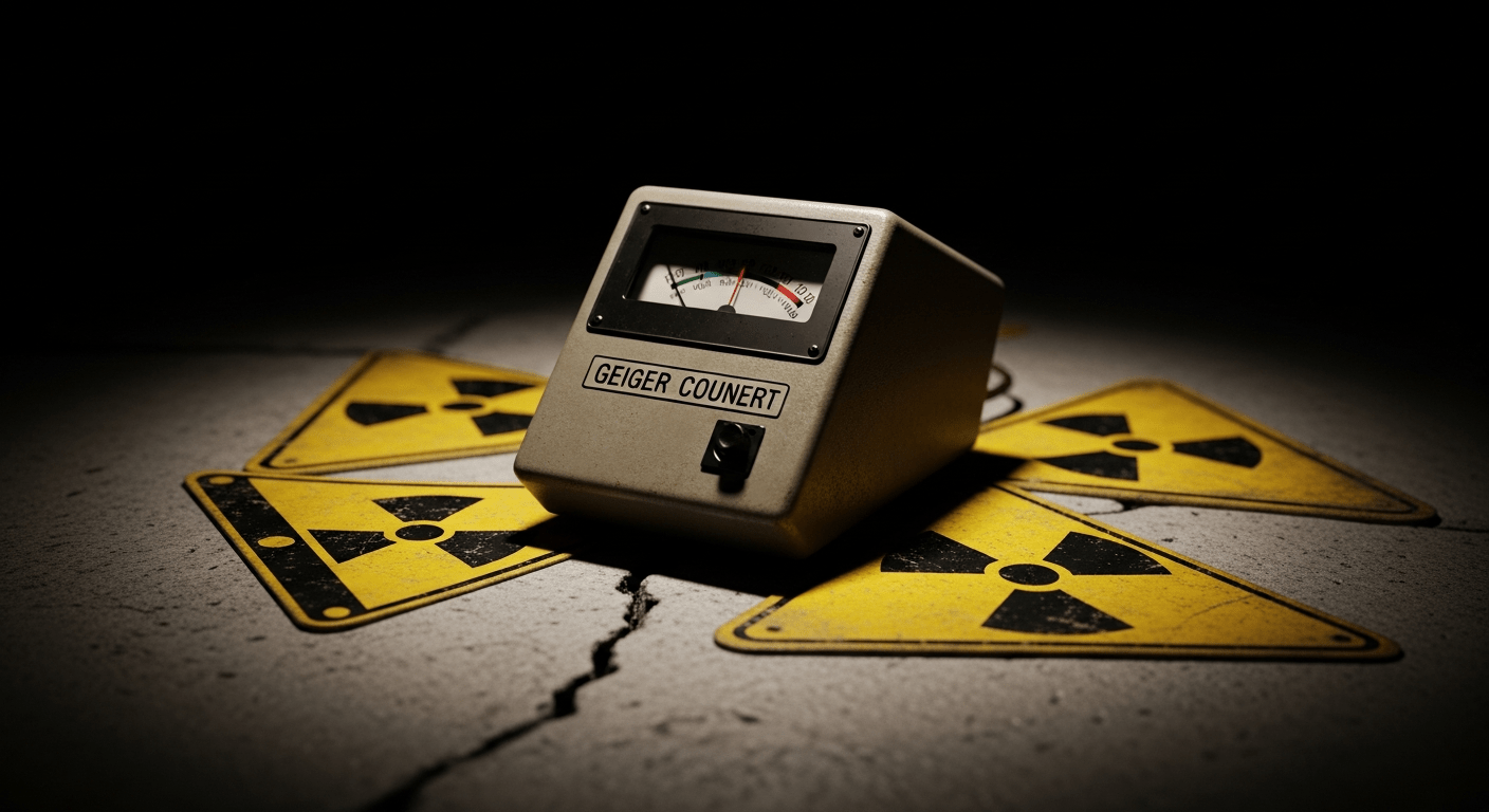 catastrophes nucléaires historiques illustrées par un compteur Geiger posé sur du béton fissuré avec des panneaux de danger radioactif