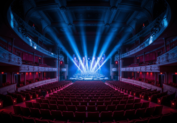Salle de concert vide illuminée par des faisceaux de lumière bleus dirigés vers la scène