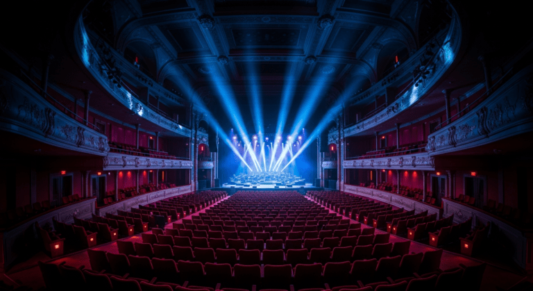 Salle de concert vide illuminée par des faisceaux de lumière bleus dirigés vers la scène