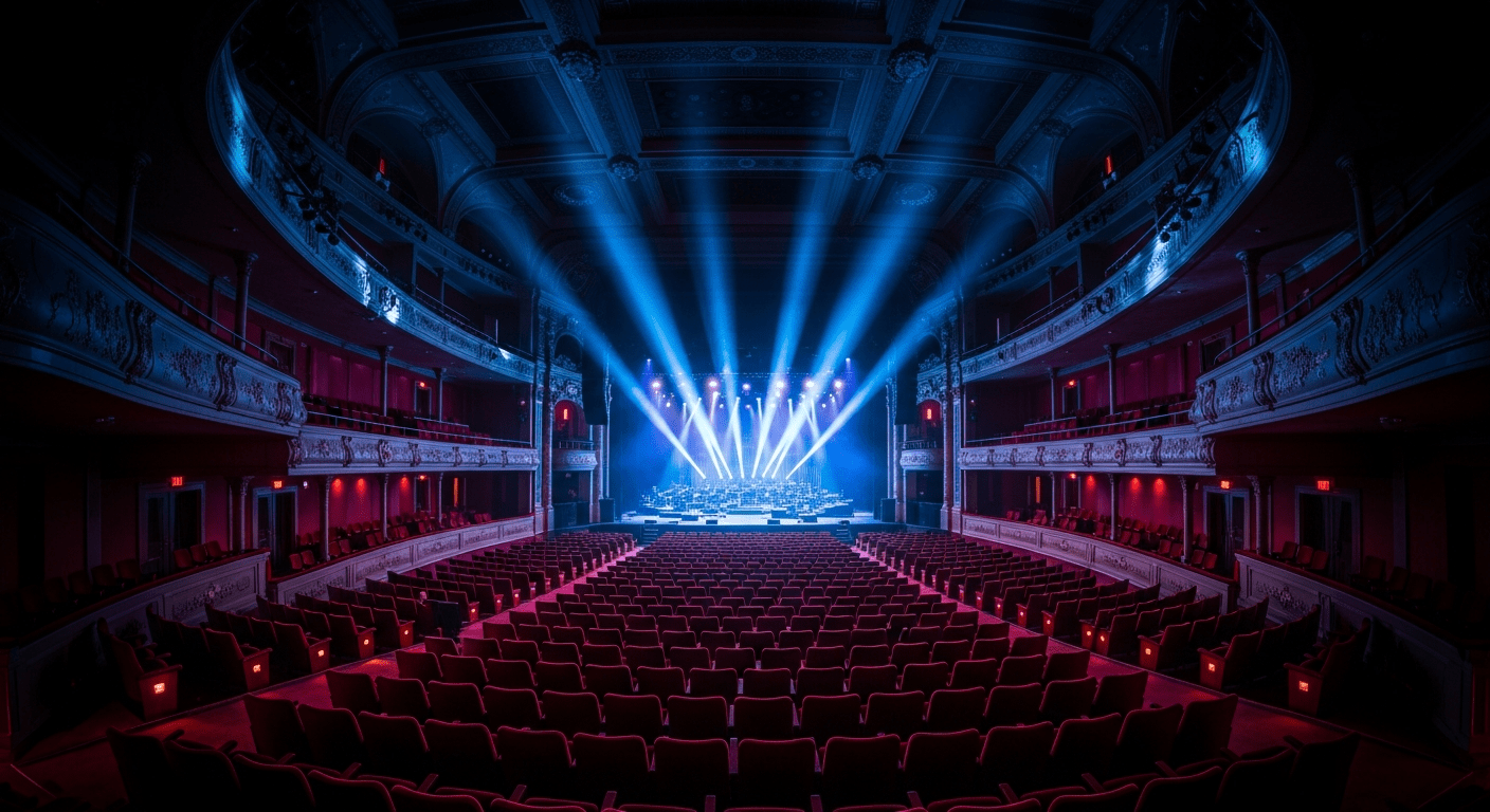 Salle de concert vide illuminée par des faisceaux de lumière bleus dirigés vers la scène