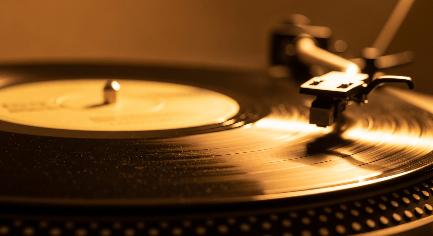 chair de poule musique : gros plan sur un disque vinyle tournant sous une lumière dorée de studio